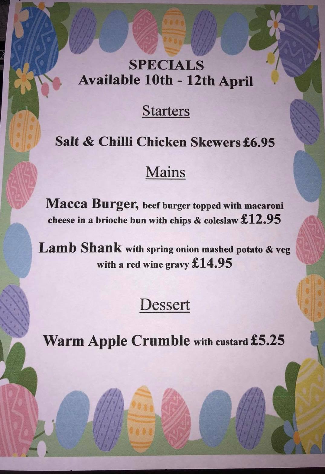Easter Weekend Menu