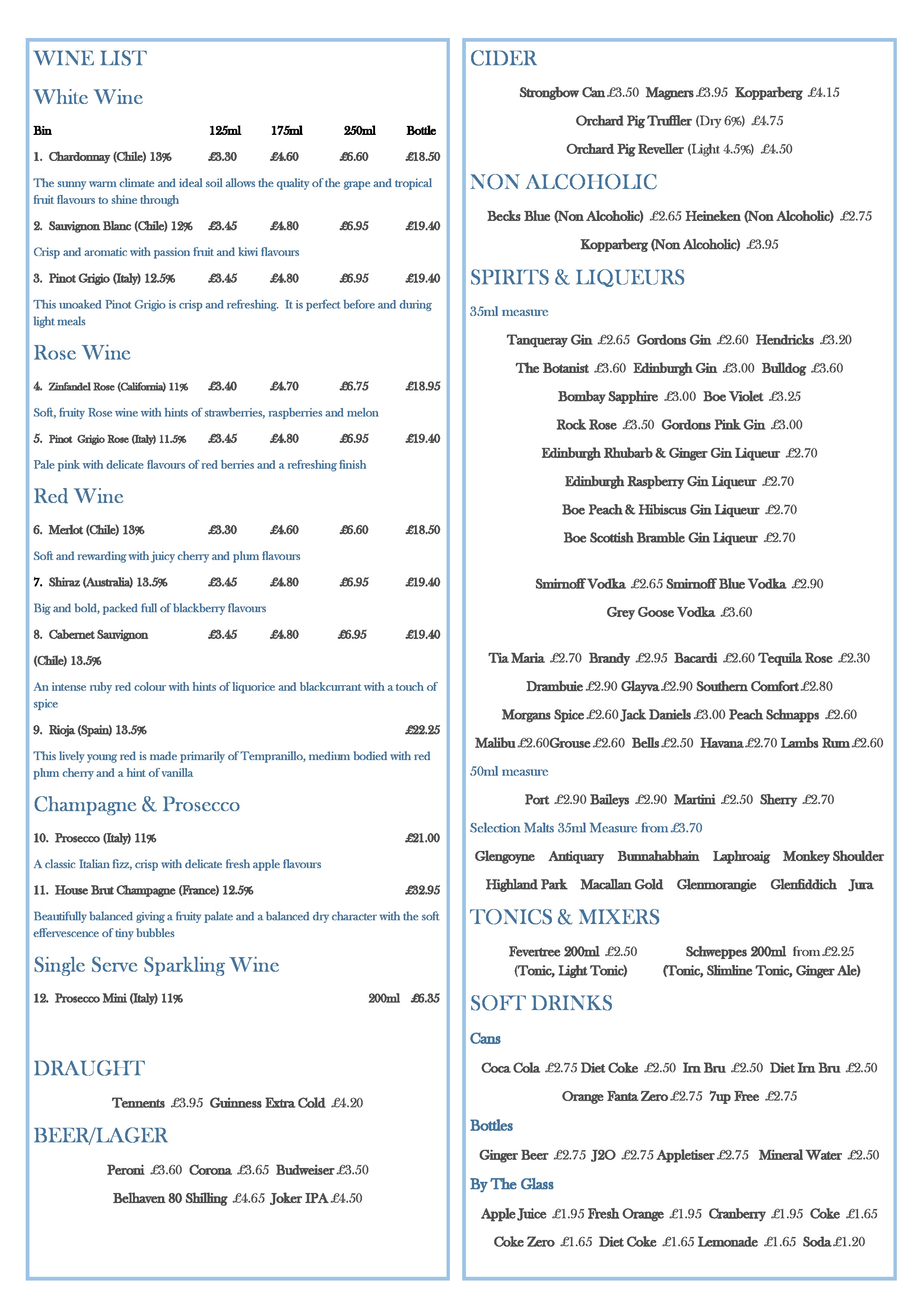 Drink menu